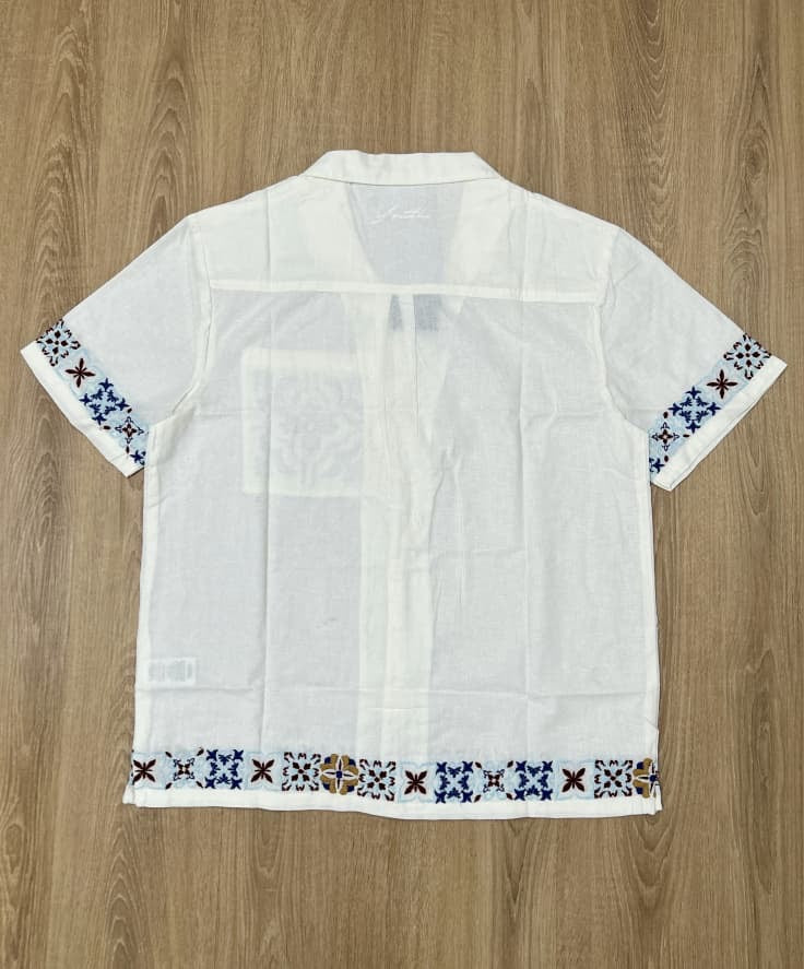 Native Youth Regular Fit Cotton/Linen Embroidery Shirt in Off White