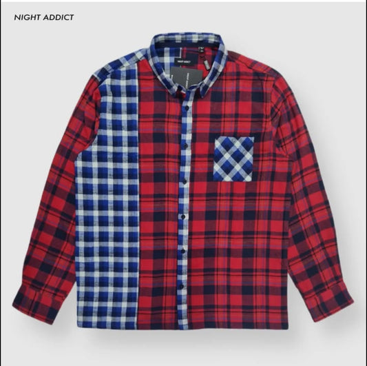Night Addict Regular Fit Red and Blue Check Patchwork Cotton Button Cuff Shirt