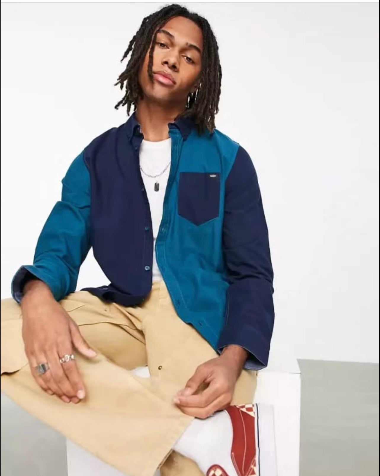 Vans Classic Fit Blue Colorblock Cotton Button Cuff Shirt
