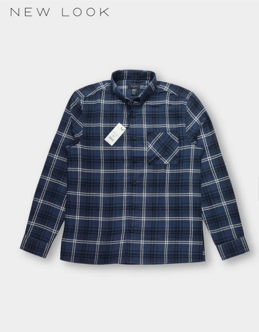 New Look Regular Fit Blue Check Cotton Button Cuff Shirt