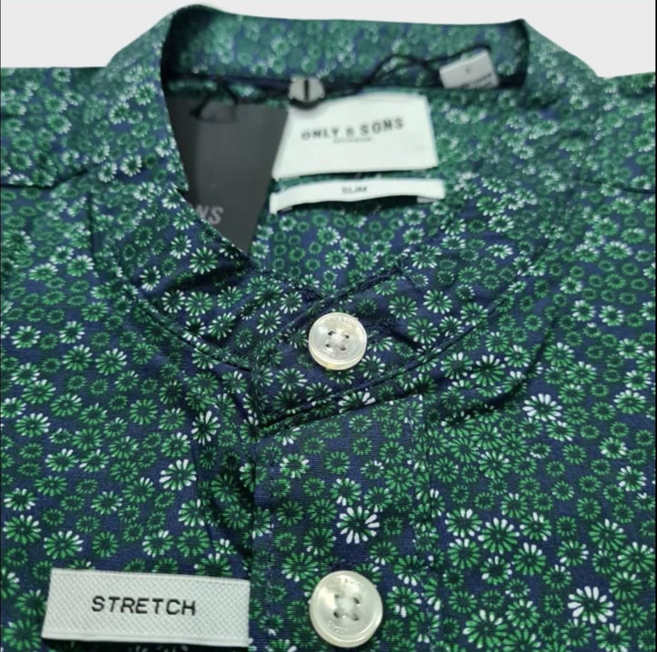 Only & Sons Slim Fit Green Pattern Cotton Button Cuff Shirt in Bishop Collar