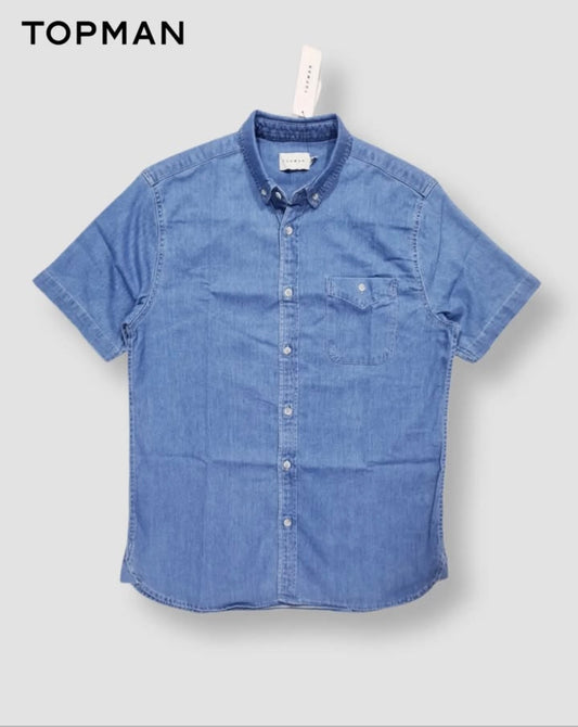 Topman Regular Fit Light Blue Denim Short Sleeve Shirt