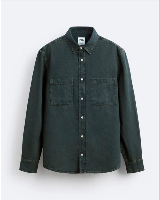 Zara Denim Shirt in Green/ Blue Wash
