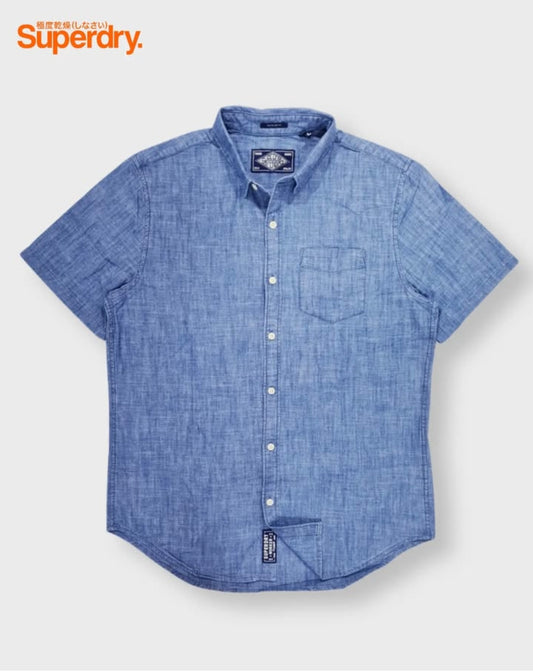 Super Dry Regular Fit Blue Chambray Short Sleeve Shirt