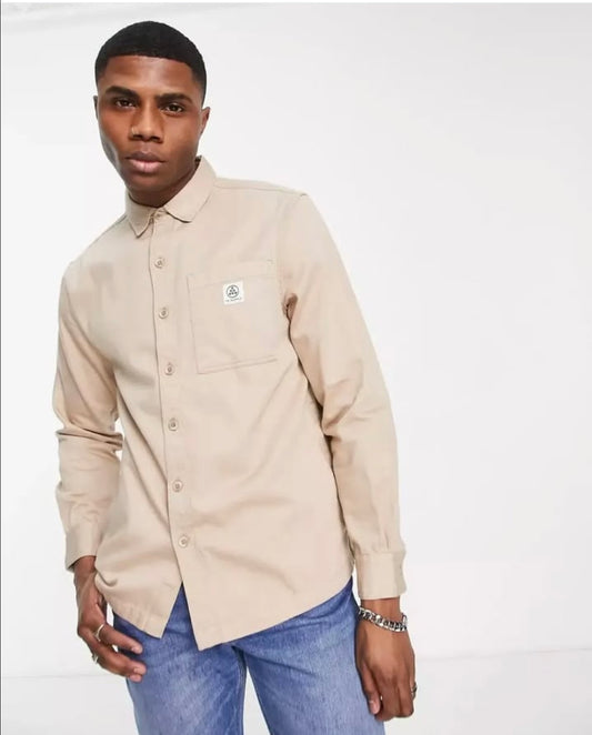 Topman Regular Fit Twill Cotton Button Cuff Shirt in Oatmeal