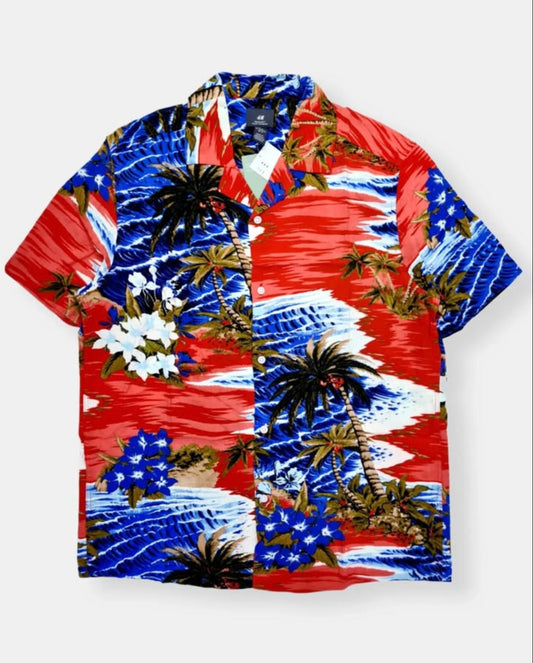 H & M Red Pattern Viscose Short Sleeve Shirt