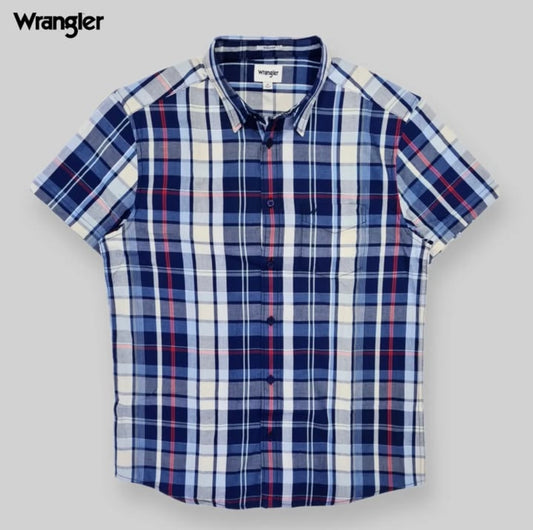 Wrangler Regular Fit Blue Check Cotton Short Sleeve Shirt