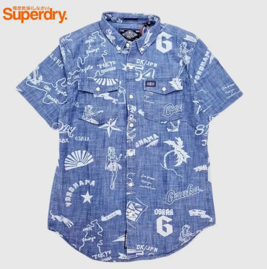 Super Dry Regular Fit Blue Pattern Short Sleeve Shirt