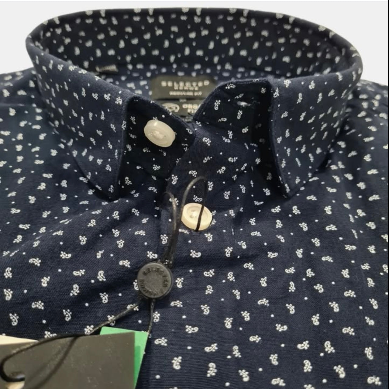 Selected Homme Regular Fit Navy Pattern Cotton/ Linen Blend Short Sleeve Shirt