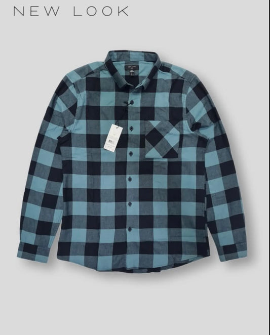 New Look Regular Fit Blue Check Cotton Button Cuff Shirt