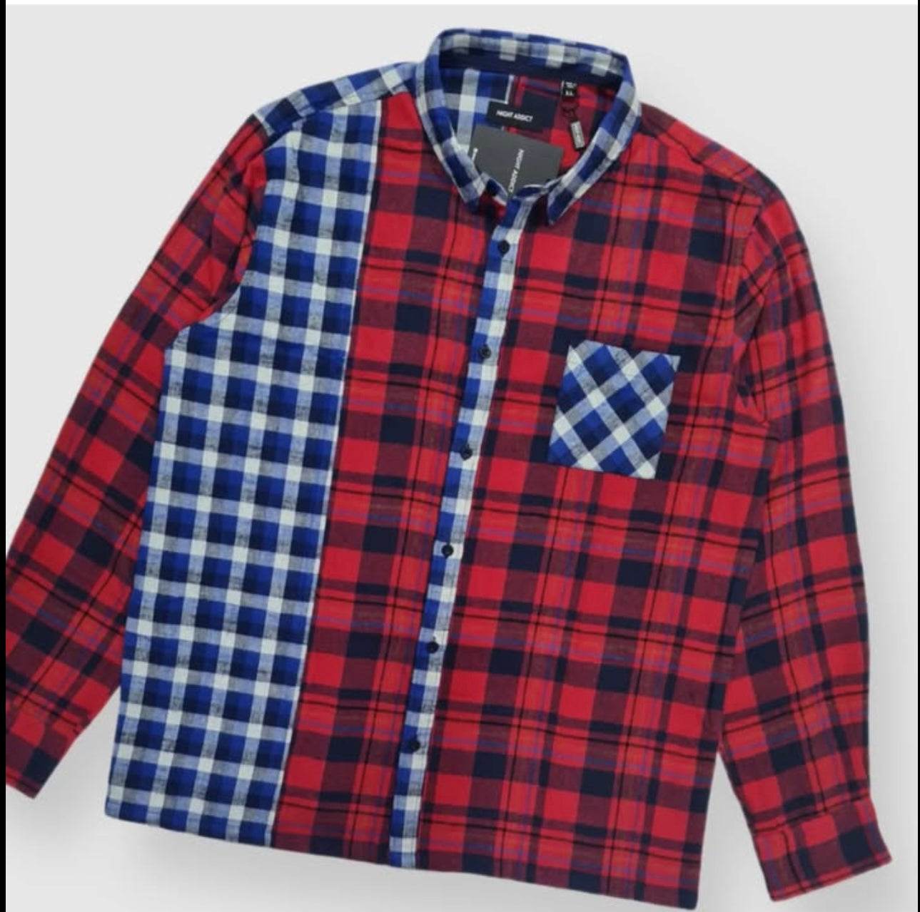 Night Addict Regular Fit Red and Blue Check Patchwork Cotton Button Cuff Shirt