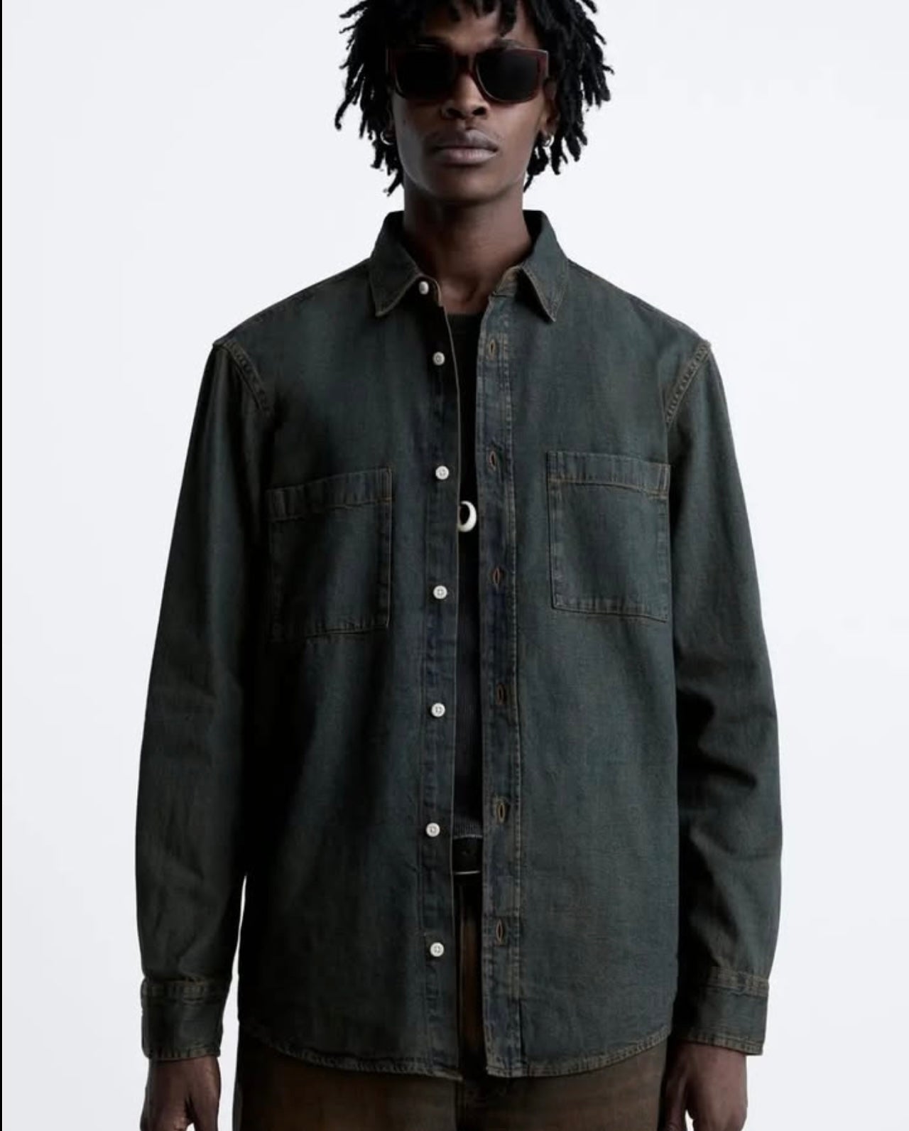 Zara Denim Shirt in Green/ Blue Wash