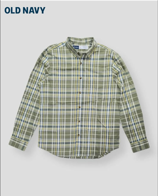 Old Navy Regular Fit Green Plaid Cotton Button Cuff Shirt