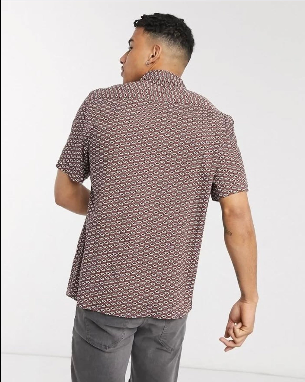 Burton Regular Fit Burgundy Aztec Short Sleeve Shirt in Viscose
