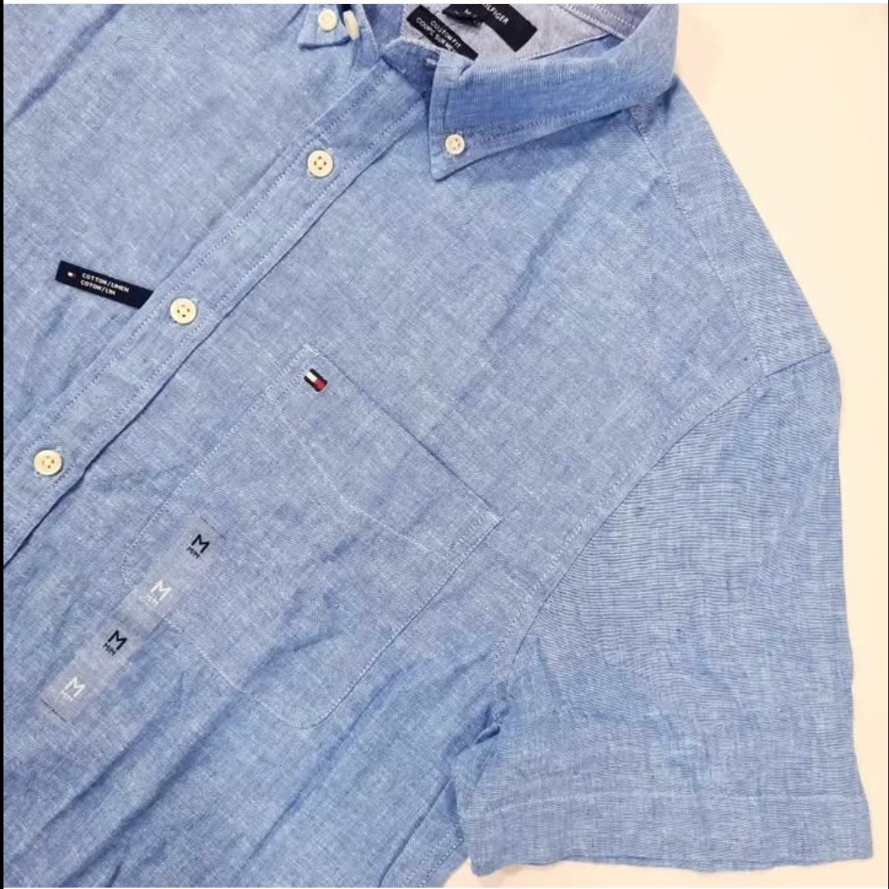 Tommy Hilfiger Custom Fit Linen Short Sleeve Shirt in Blue