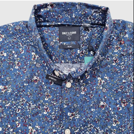 Only & Sons Slim Fit Blue Pattern Cotton Button Cuff Shirt
