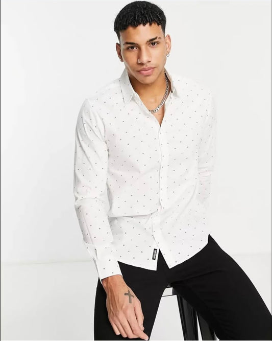 Threadbare Regular Fit White Pattern Cotton Button Cuff Shirt