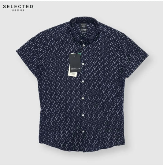 Selected Homme Regular Fit Navy Pattern Cotton/ Linen Blend Short Sleeve Shirt