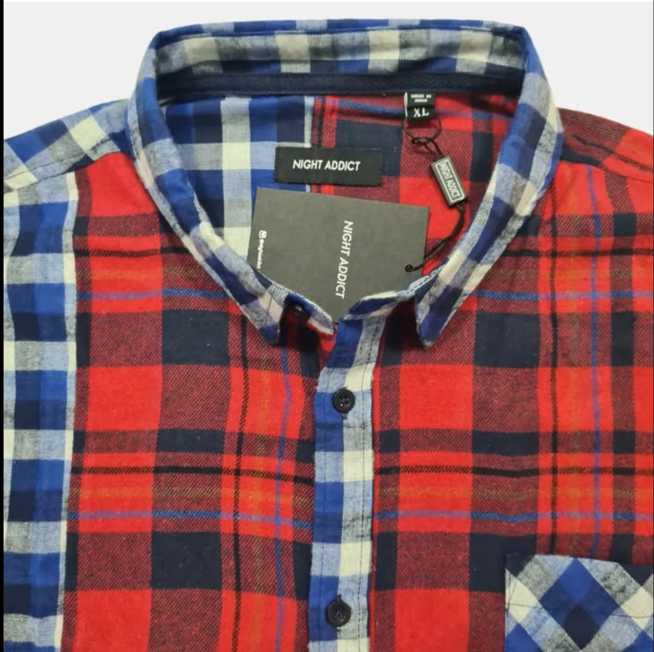 Night Addict Regular Fit Red and Blue Check Patchwork Cotton Button Cuff Shirt