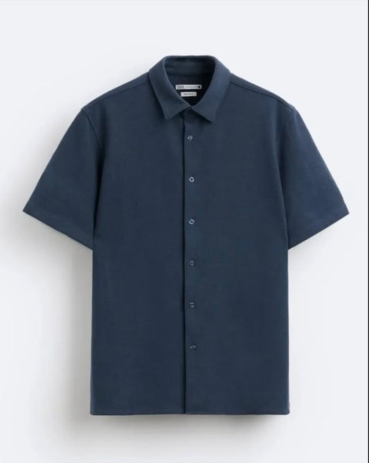 Zara Regular Fit Textured Cotton Shirt in Navy