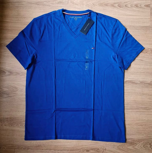 Tommy Hilfiger Regular Fit Cotton V Neck Short Sleeve T Shirt in Blue