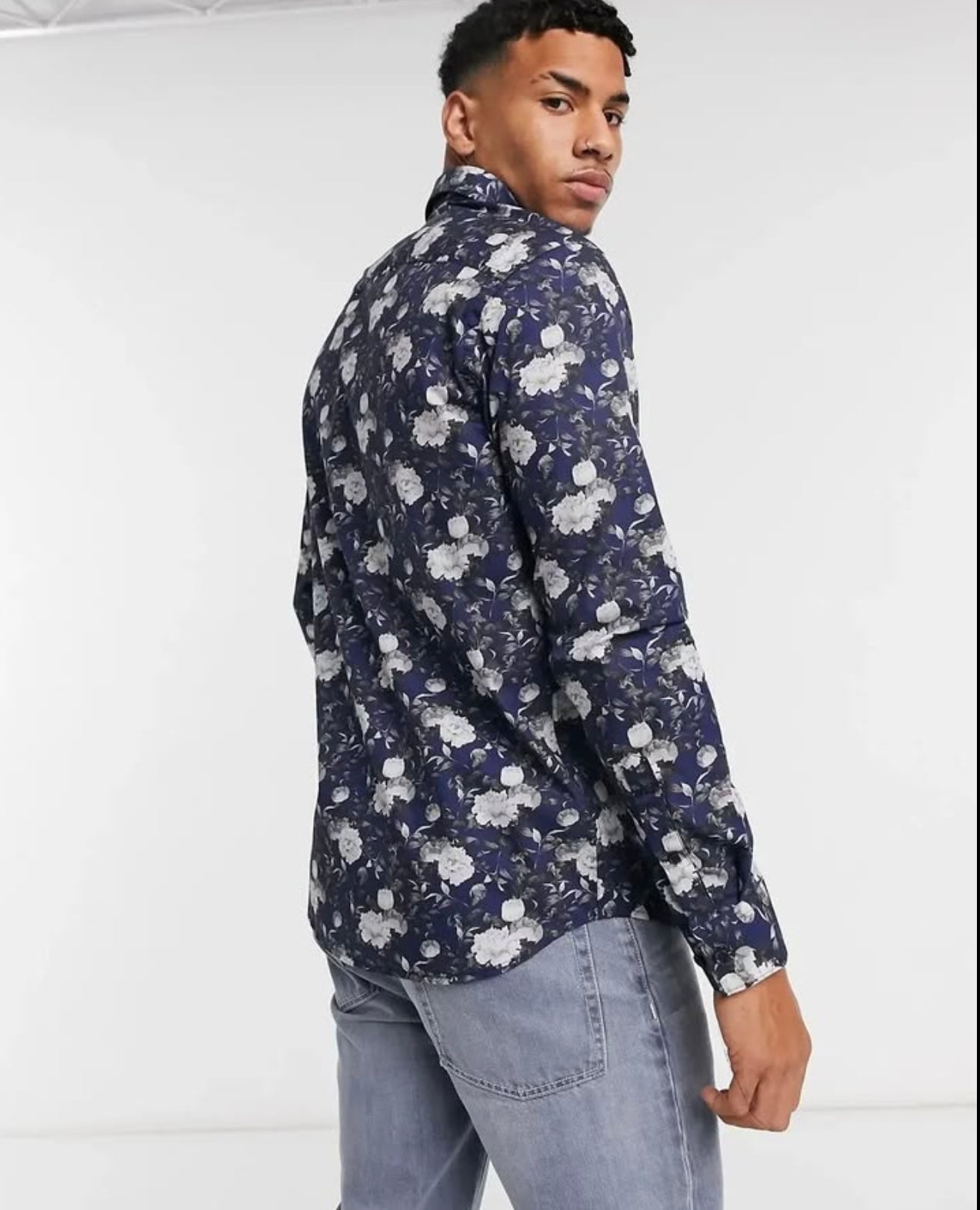 Selected Homme Slim Fit Navy Pattern Cotton Button Cuff Shirt