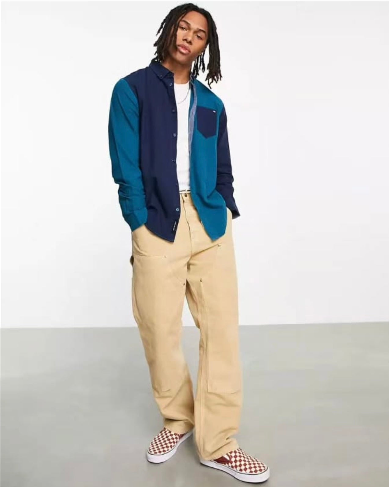 Vans Classic Fit Blue Colorblock Cotton Button Cuff Shirt