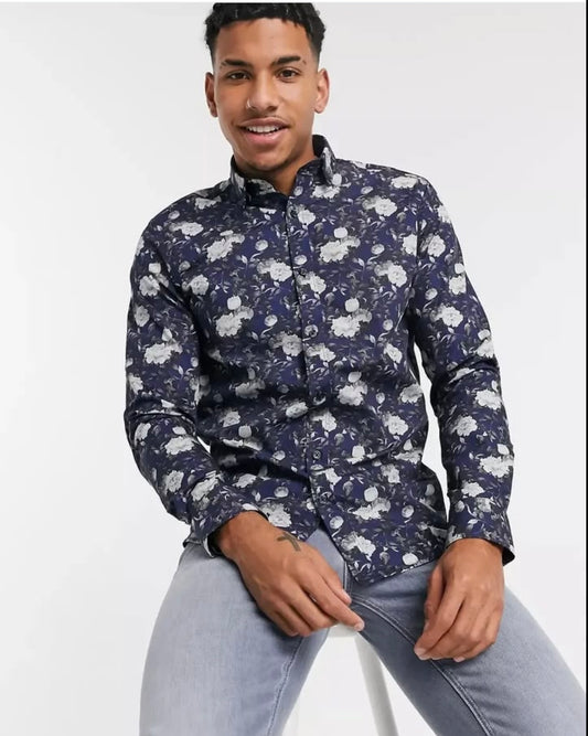 Selected Homme Slim Fit Navy Pattern Cotton Button Cuff Shirt