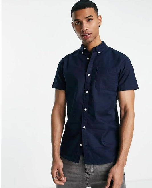 Jack & Jones Slim Fit Navy Plain Cotton Short Sleeve Shirt