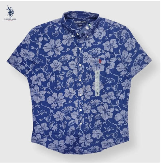 US Polo Assn Regular Fit Pattern Cotton/ Linen Blend Short Sleeve Shirt