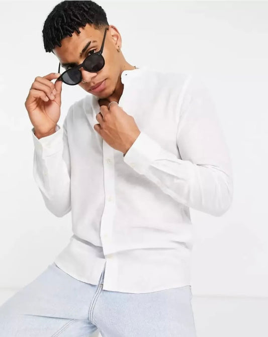 Only & Sons Slim Fit White Linen Button Cuff Shirt