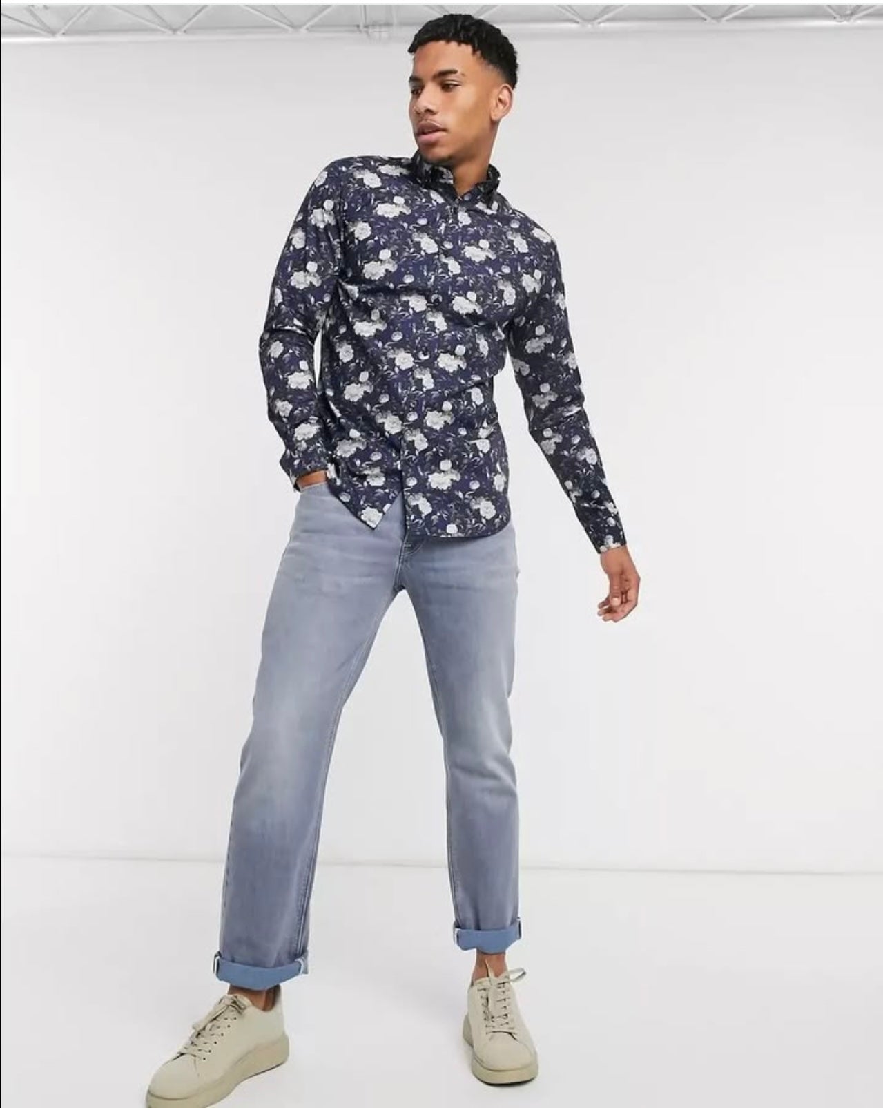 Selected Homme Slim Fit Navy Pattern Cotton Button Cuff Shirt
