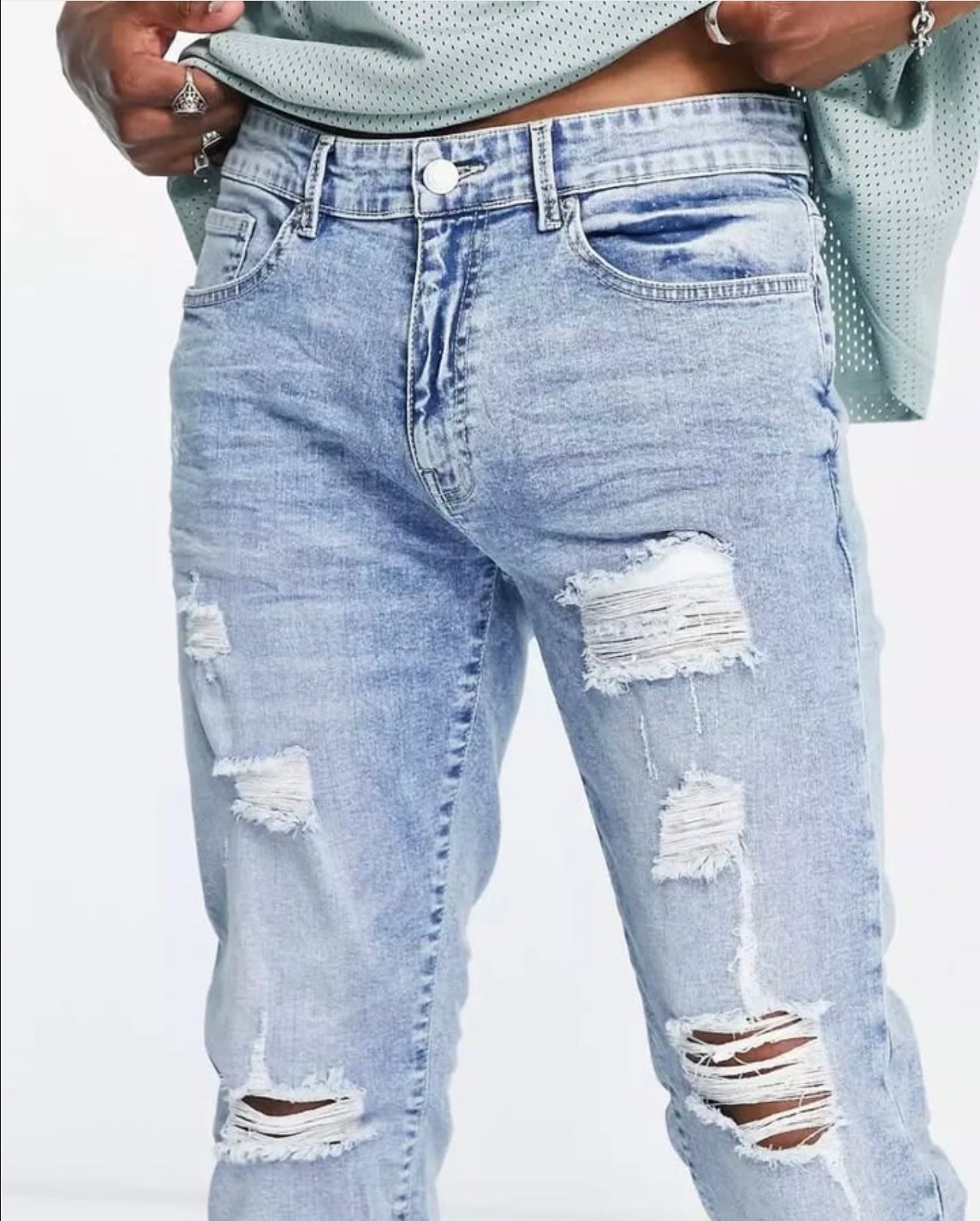 DTT Slim Fit Extreme Rip Jeans in Blue