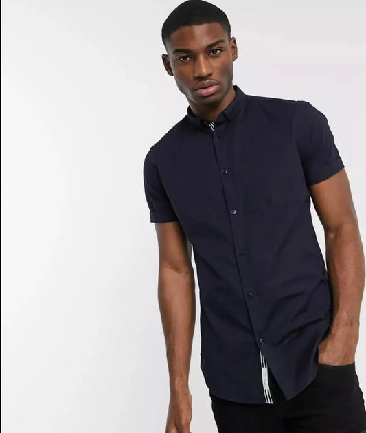 River Island Regular Fit Navy Oxford Cotton Short Sleeve Shirt