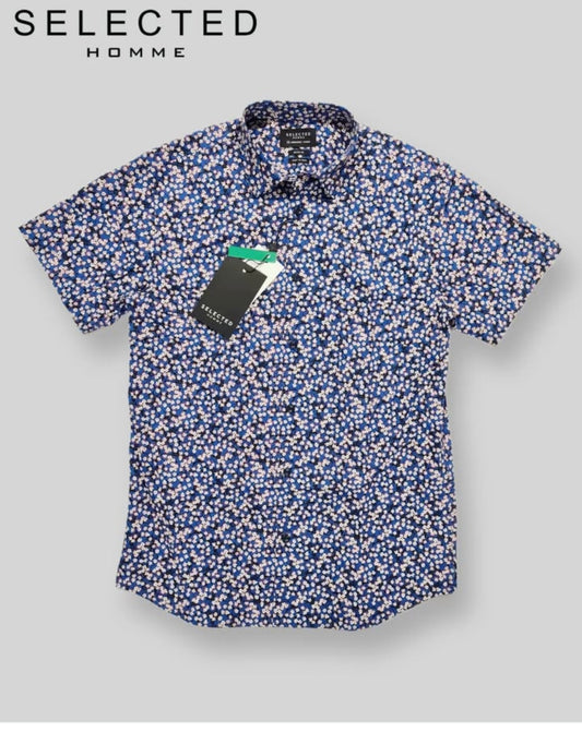 Selected Homme Regular Fit Navy Floral Cotton Short Sleeve Shirt