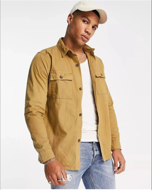 Threadbare Regular Fit Brown Cotton Shirt With Utility Pockets