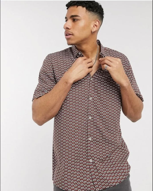 Burton Regular Fit Burgundy Aztec Short Sleeve Shirt in Viscose