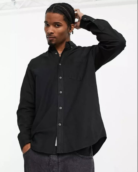Pull & Bear Relaxed Fit Black Oxford Cotton Shirt