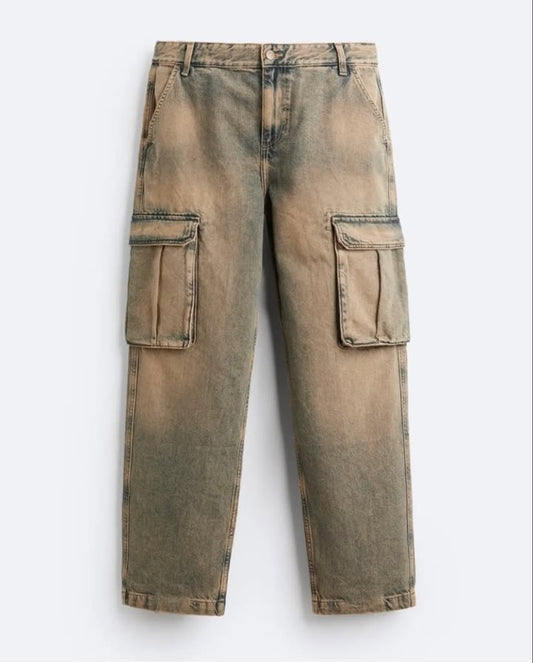 Zara Straight Fit Green Wash Cargo Denim