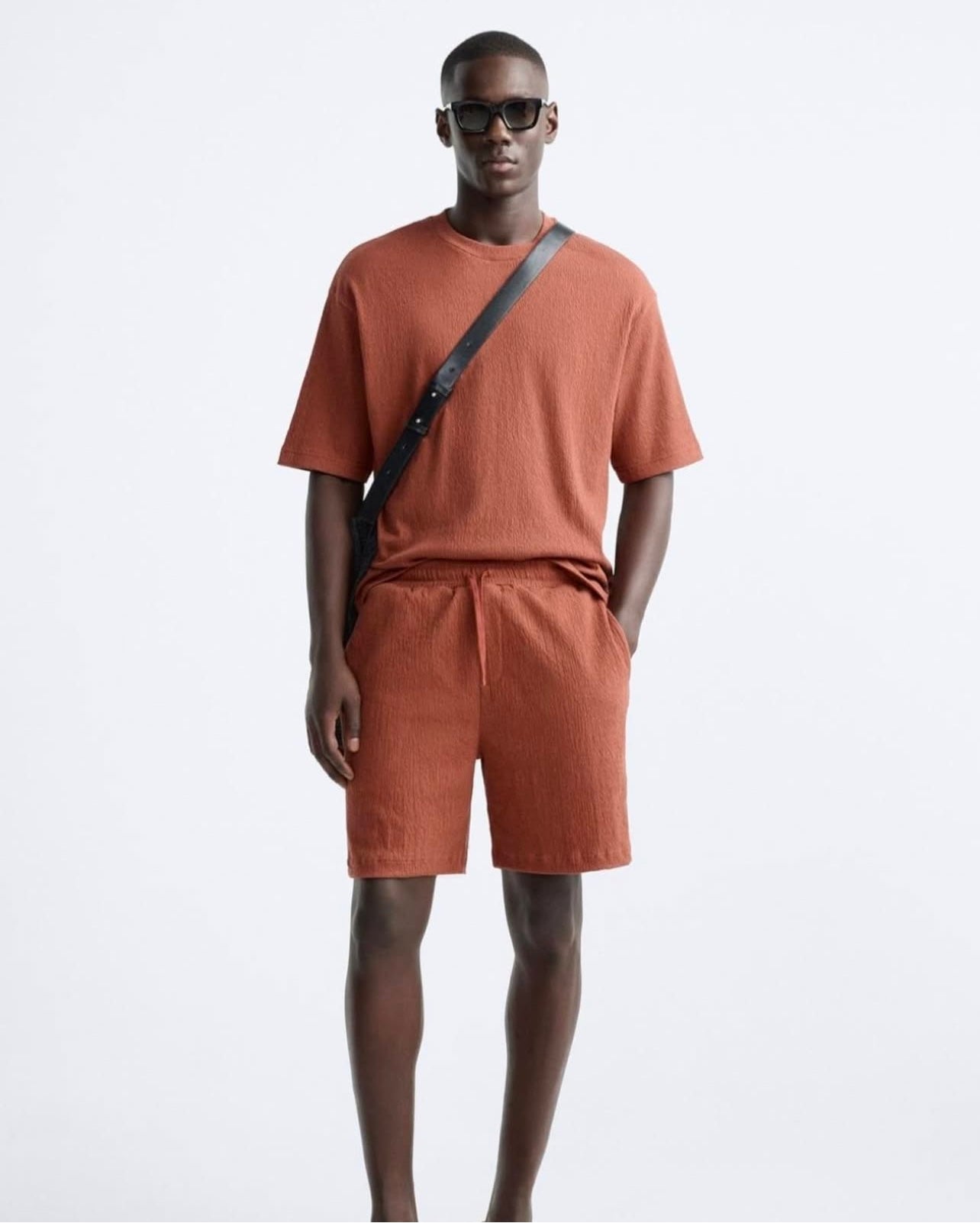 Zara Regular Fit Textured Cotton T shirt in Rust