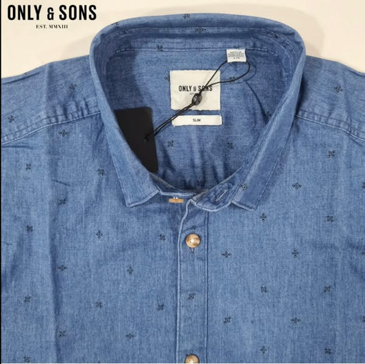 Only & Sons Slim Fit Blue Pattern Short Sleeve Denim Shirt