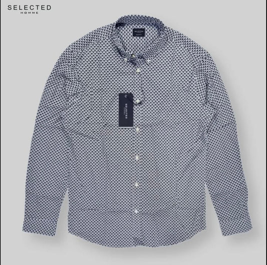 Selected Homme Regular Fit Grey Pattern Cotton Button Cuff Shirt