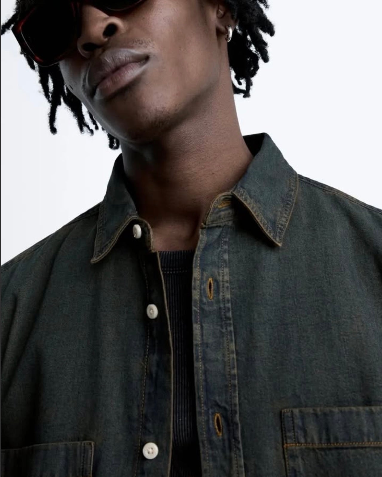 Zara Denim Shirt in Green/ Blue Wash