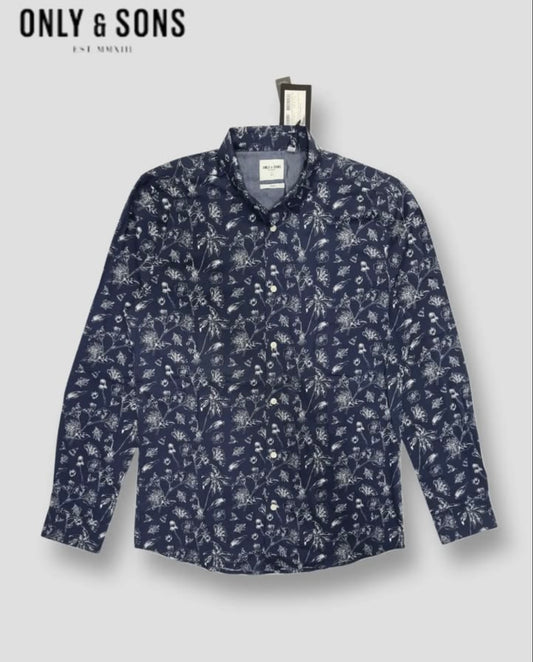Only & Sons Slim Fit Navy Pattern Cotton Button Cuff Shirt