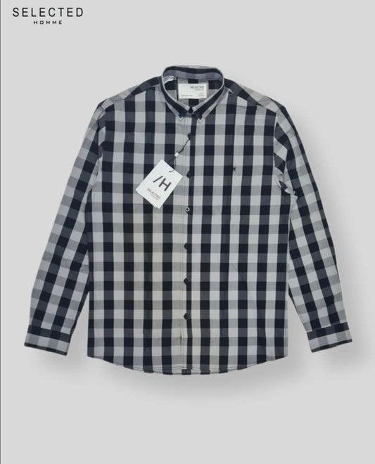 Selected Homme Regular Fit Grey Check Cotton Button Cuff Shirt