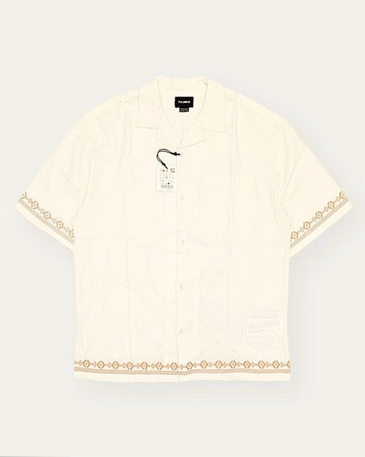 Pull & Bear Revere Shirt in Off White with Embroidered Helm
