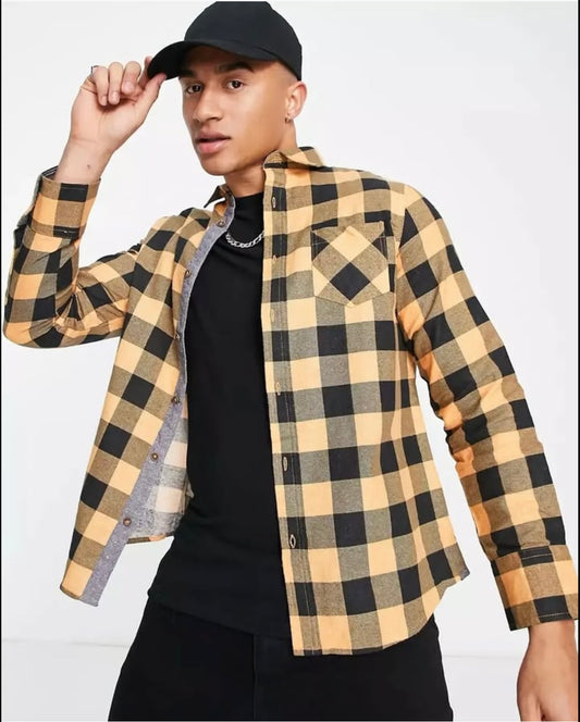 Brave Soul Regular Fit Black and Yellow Check Cotton Button Cuff Shirt