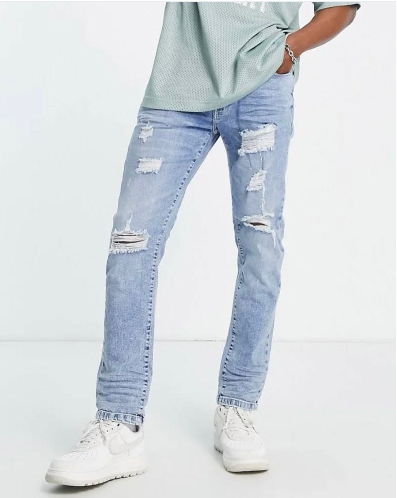 DTT Slim Fit Extreme Rip Jeans in Blue