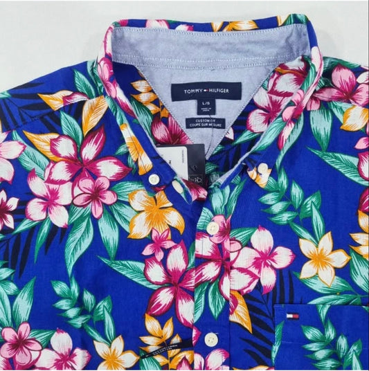 Tommy Hilfiger Custom Fit Blue Pattern Linen Short Sleeve Shirt