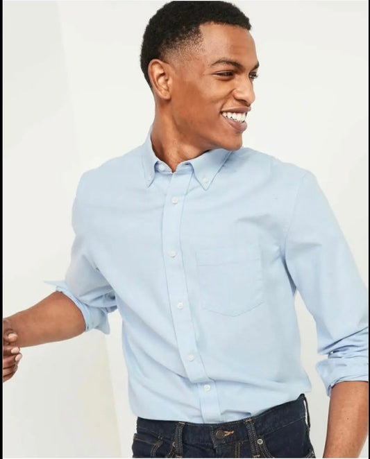 Old Navy Regular Fit Blue Plain Cotton Button Cuff Shirt